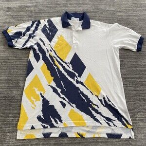 Vintage Sea Palms Polo Shirt Mens Medium Quilted Navy Yellow Geometric Golf